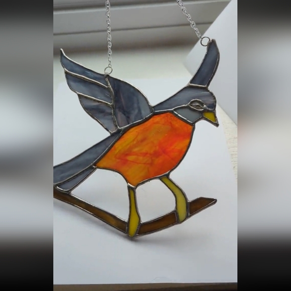 Wisconsin Robin Stained Glass Large Suncatcher Handmade - Picture 4 of 4